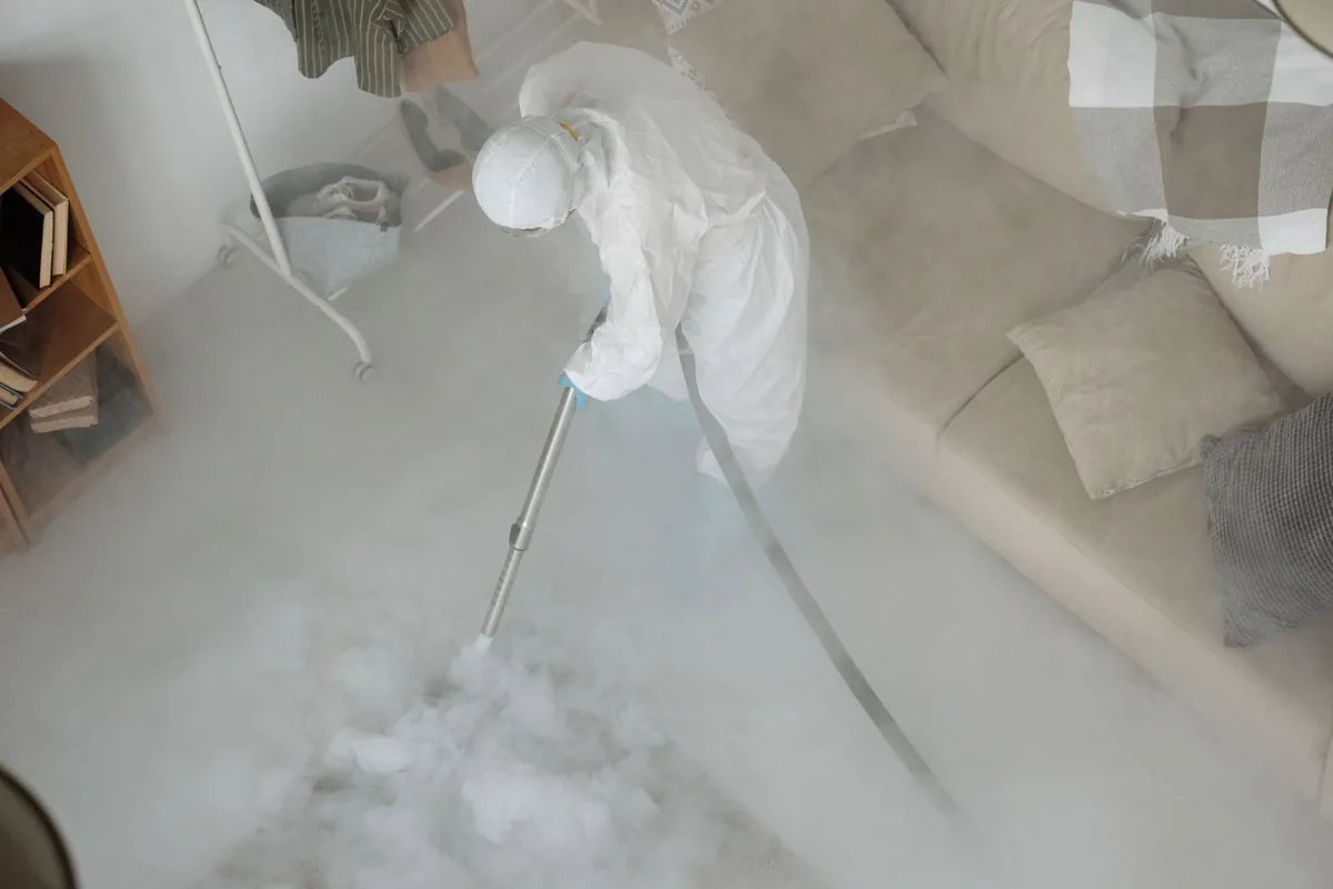 Biohazard cleanup technician in protective equipment, Holly Hill, SC
